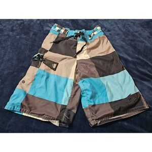 Exist Miami Mens Board Shorts Blue Grey Checkerboard Swim Trunks Bottle Opener M